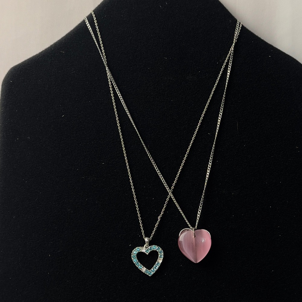 Silver Tone Heart Pendant Necklace Set Teal Rhinestone Pink Stone 2 Piece